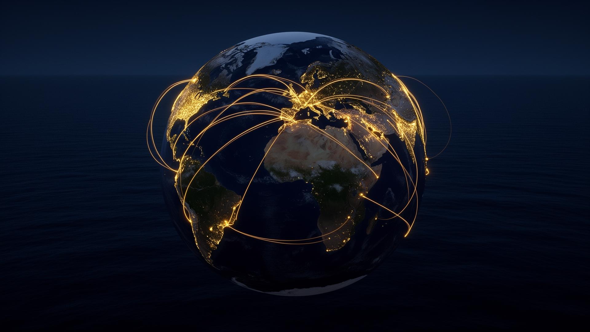 Illuminated global trade routes connecting continents