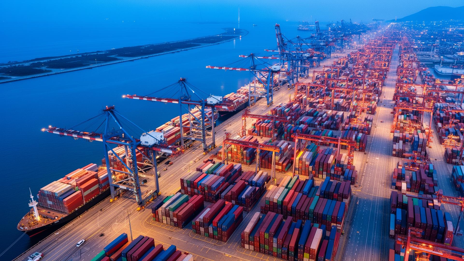 International port with stacked containers at blue hour